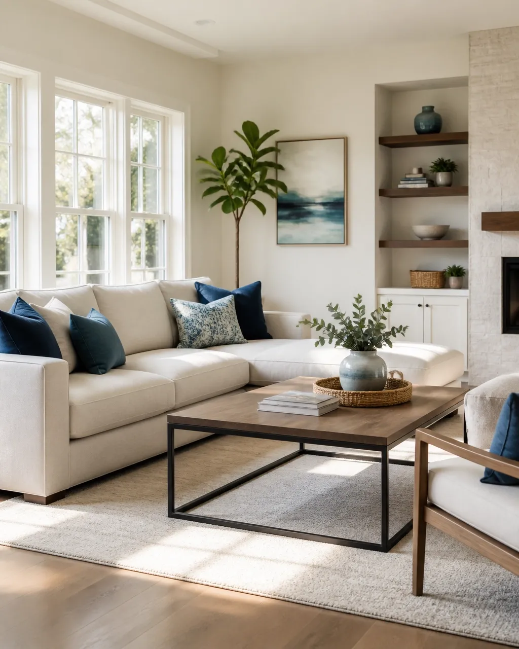 Bright, tidy living room with freshly made cushions and clean surfaces